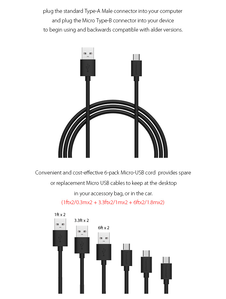 [Spain Stock] Tronsmart [6 Pack]1ft*2 & 3ft*2 & 6ft*2 Micro USB Cables High Speed USB 2.0 Male to Micro USB Sync/Charging Cables