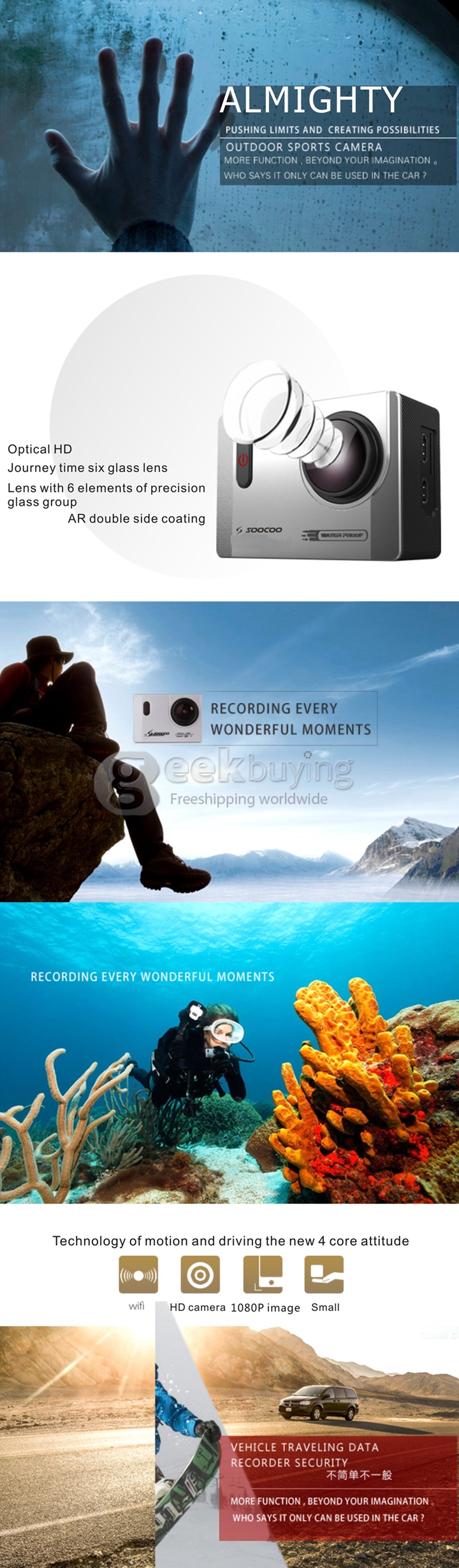 SOOCOO C10 WiFi Action Camera Novatek 96655 1080P 170 Wide Angle Lens Sports HD Camcorder - Silver