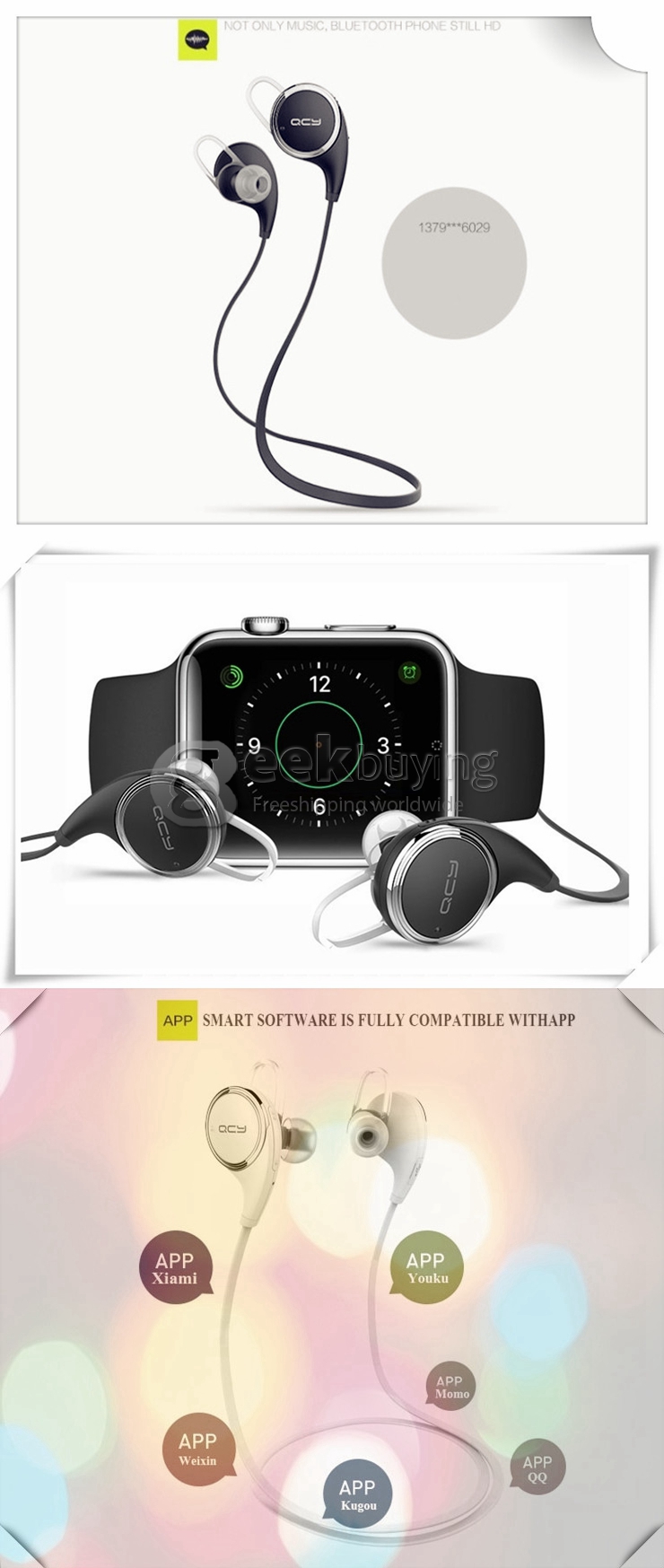 QCY QY8 Wireless Sports BT4.1 Stereo Headset Earphone Headphone With Microphone For iPhone Sumsung Smartphones - Black