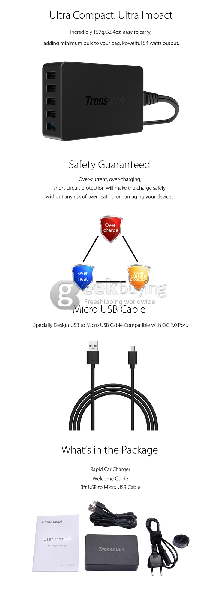 Qualcomm Certified Tronsmart Quick Charge 2.0 54W 5 Ports Desktop USB Charger Wall Charger for Samsung/Sony - EU Plug