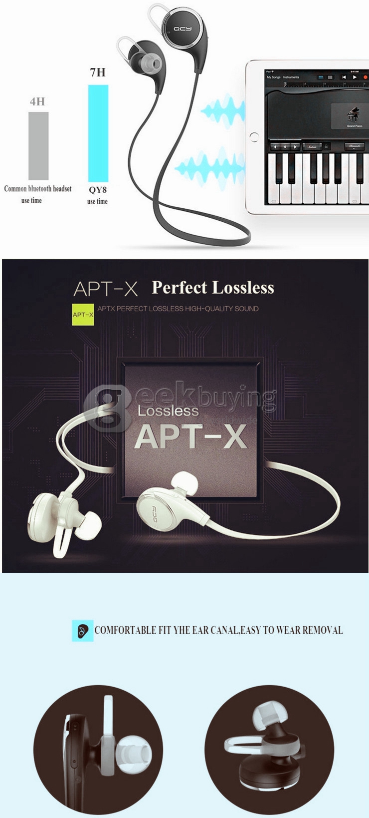 QCY QY8 Wireless Sports BT4.1 Stereo Headset Earphone Headphone With Microphone For iPhone Sumsung Smartphones - Black