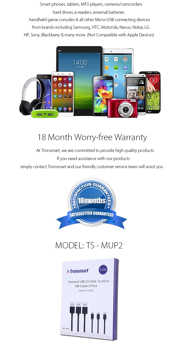 Tronsmart [3 Pack] 6ft*3 Micro USB Cables High Speed USB 2.0 Male to Micro USB Sync/Charging Cables