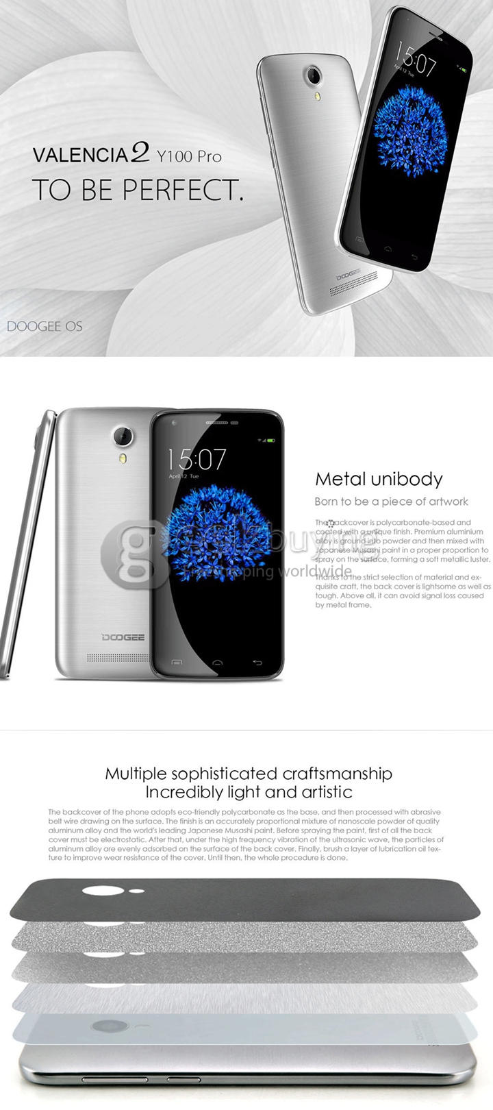 DOOGEE VALENCIA 2 Y100 PRO 5.0inch 2.5D Corning Gorilla Glass 64bit 4G FDD-LTE Android 5.1 Smartphone MTK6735 Quad Core - Grey