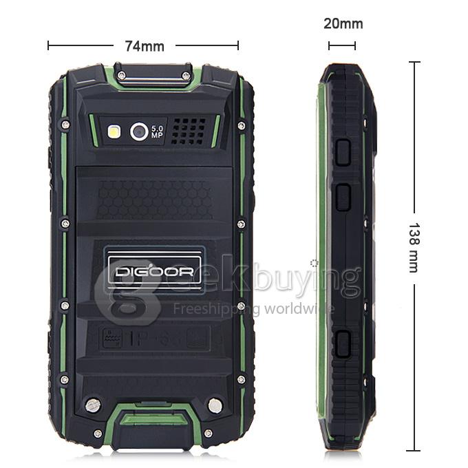 DIGOOR DG1 Plus IP68 Rugged Phone 4.0inch Android 4.4 MTK6582 Quad Core 1.3GHz 1GB 8GB 5.0MP Walkie Talkie Miracast - Green