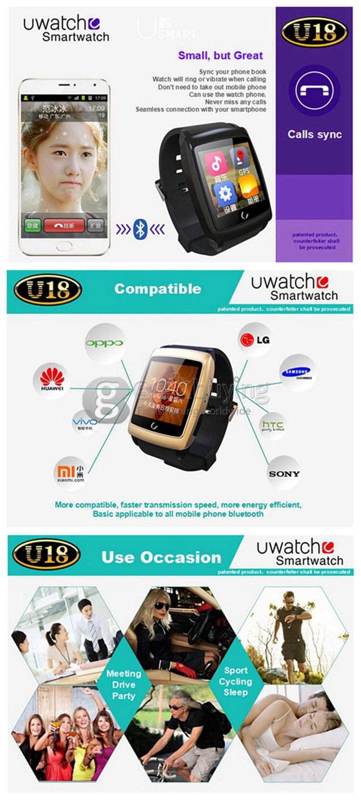 U18 Android 4.4.2 Smart Wifi Watch 4G ROM Dual Mode BT4.0 Sport Wrist Watch For Android - Gold