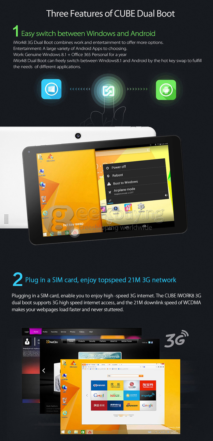 Cube iWork8 3G Dual Boot Win 8.1 + Android 4.4 Tablet PC 2GB/32GB Intel Z3735F Quad Core 1.8GHz 8