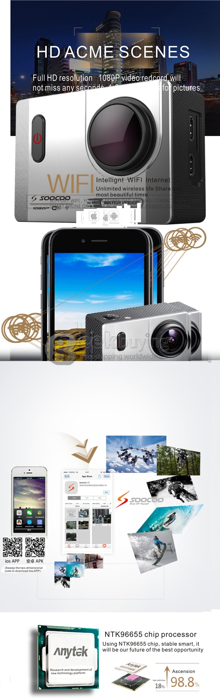 SOOCOO C10 WiFi Action Camera Novatek 96655 1080P 170 Wide Angle Lens Sports HD Camcorder - Silver
