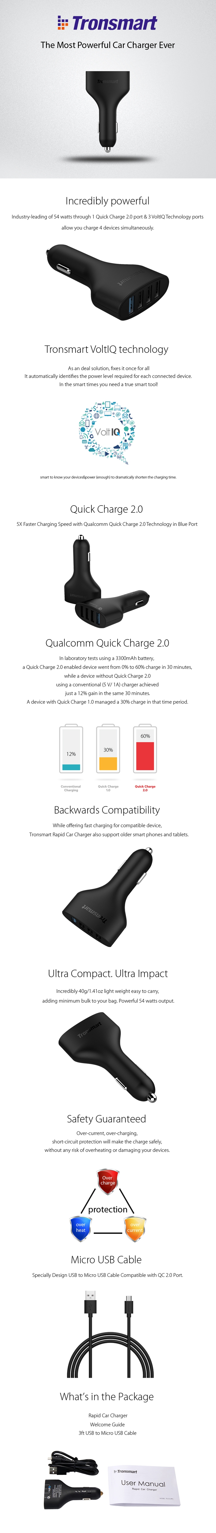 [Qualcomm Certified] Tronsmart Quick Charge 2.0 54W 4 Ports Car Charger for Samsung/ Google Nexus 6/ Sony Xperia/ Xiaomi/ Asus Zenfone 2