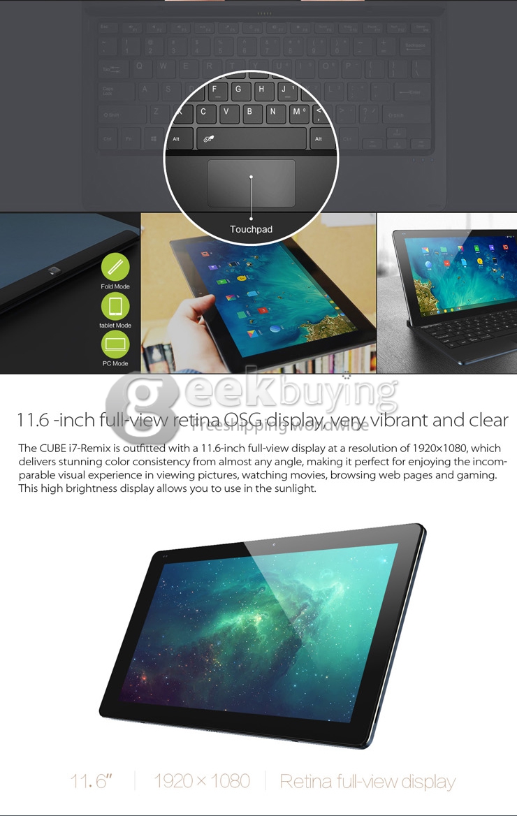 CUBE i7 Remix 11.6 Inch Remix OS 1.0 Tablet PC 2GB/32GB Intel Z3735F Quad Core 1.8GHz with Google Play Store GPS Bluetooth WiFi OTG - Black+Blue