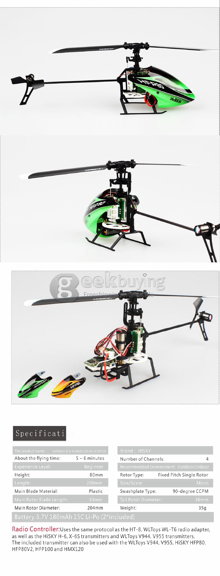 Hisky HFP80 V2 4CH Flybarless RC Helicopter 6 Axis Gyro With New X-6S