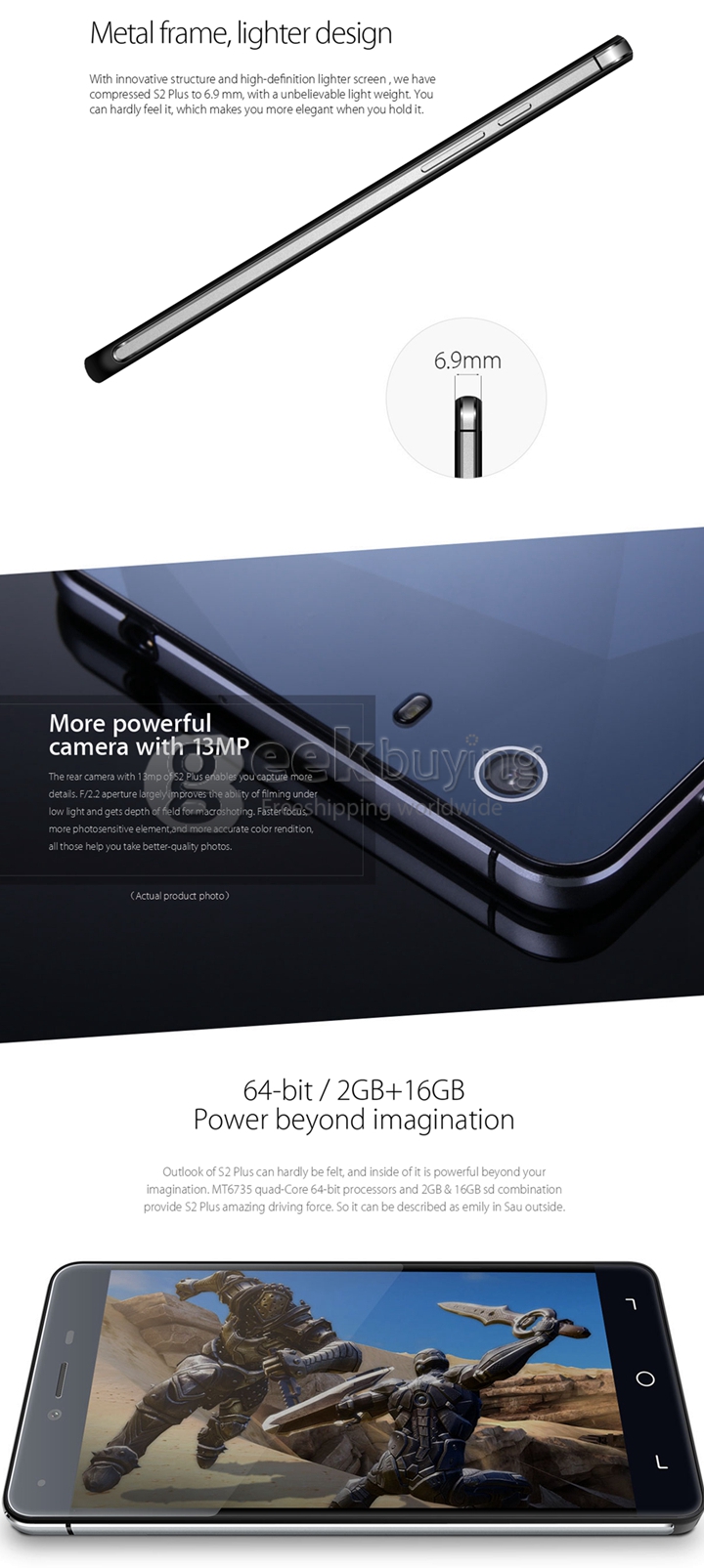 Elephone S2 Plus 5.5inch 4G FDD-LTE Android 5.1 Smartphone MTK6735 Quad Core 2GB 16GB 13.0MP Dual Side Glass Smart Wake Miracast - Dark Blue