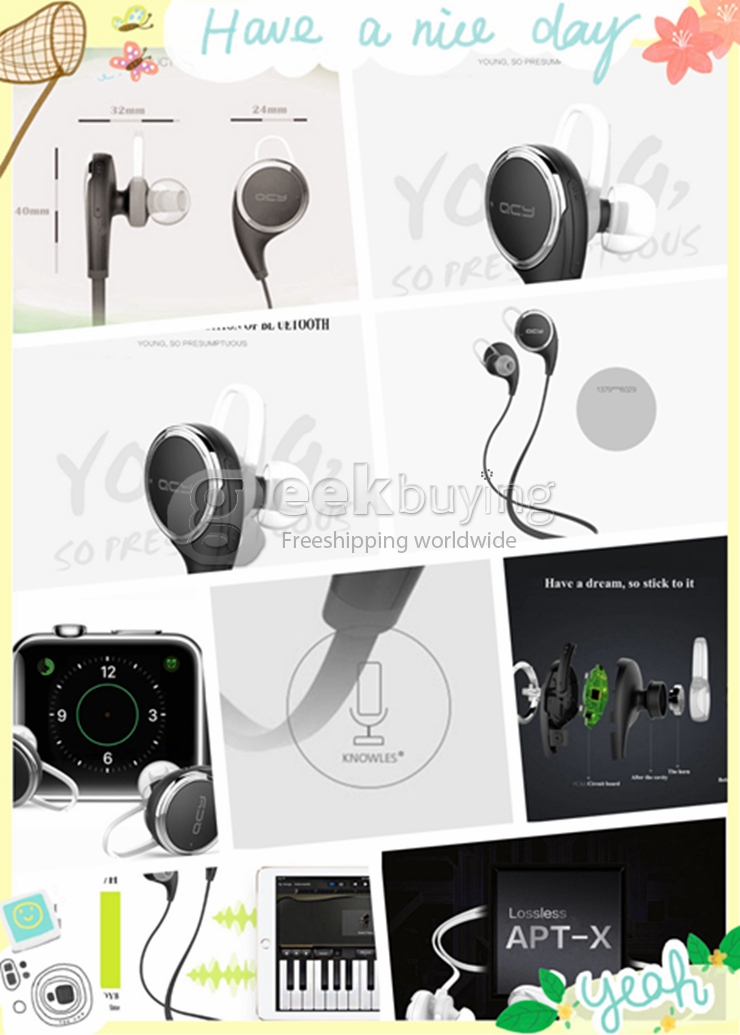 QCY QY8 Wireless Sports BT4.1 Stereo Headset Earphone Headphone With Microphone For iPhone Sumsung Smartphones - Black