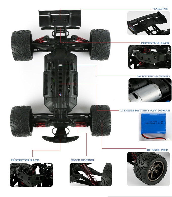 9116 1/12 Brushed RC Monster Truck 2.4GHz 38KM/H High Speed 2WD RTR - Red