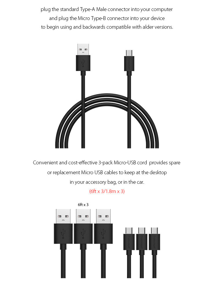 Tronsmart [3 Pack] 6ft*3 Micro USB Cables High Speed USB 2.0 Male to Micro USB Sync/Charging Cables