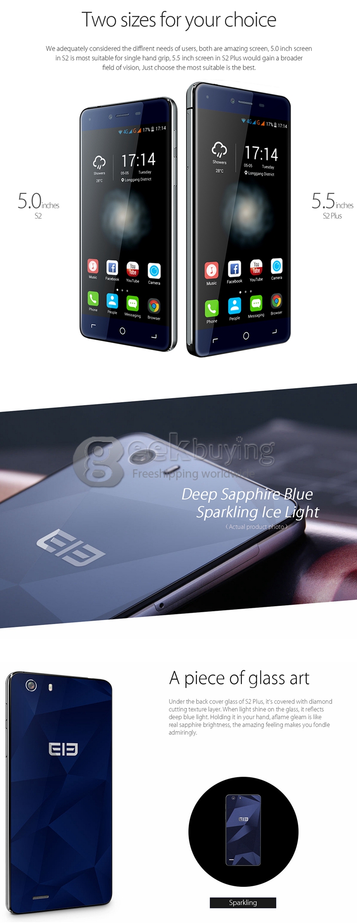 Elephone S2 Plus 5.5inch 4G FDD-LTE Android 5.1 Smartphone MTK6735 Quad Core 2GB 16GB 13.0MP Dual Side Glass Smart Wake Miracast - Dark Blue