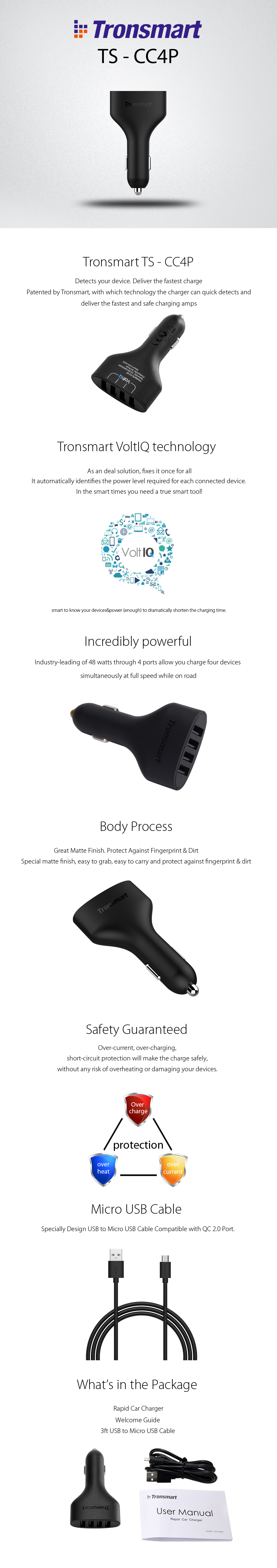 [Spain Stock] Tronsmart 4 Ports USB Car Charger with VoltIQ Technology Inside Provide 48W Output for Galaxy S6 S6 Edge, iPhone 6, 6S, iPhone 6s PLUS
