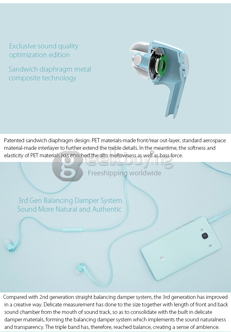 Original Xiaomi Piston III Dazzle Edition Earphones With Mellow Bass/Remote Mic For Android iOS - Glacier Blue