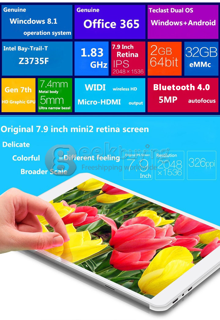 Teclast X89 Dual OS Android 4.4 & Windows 8.1 Tablet PC 2GB/32GB Intel Z3735F Quad Core 1.83GHz 7.9 Inch 2048*1536 IPS Retina Bluetooth HDMI OTG WiFi - White+Silver
