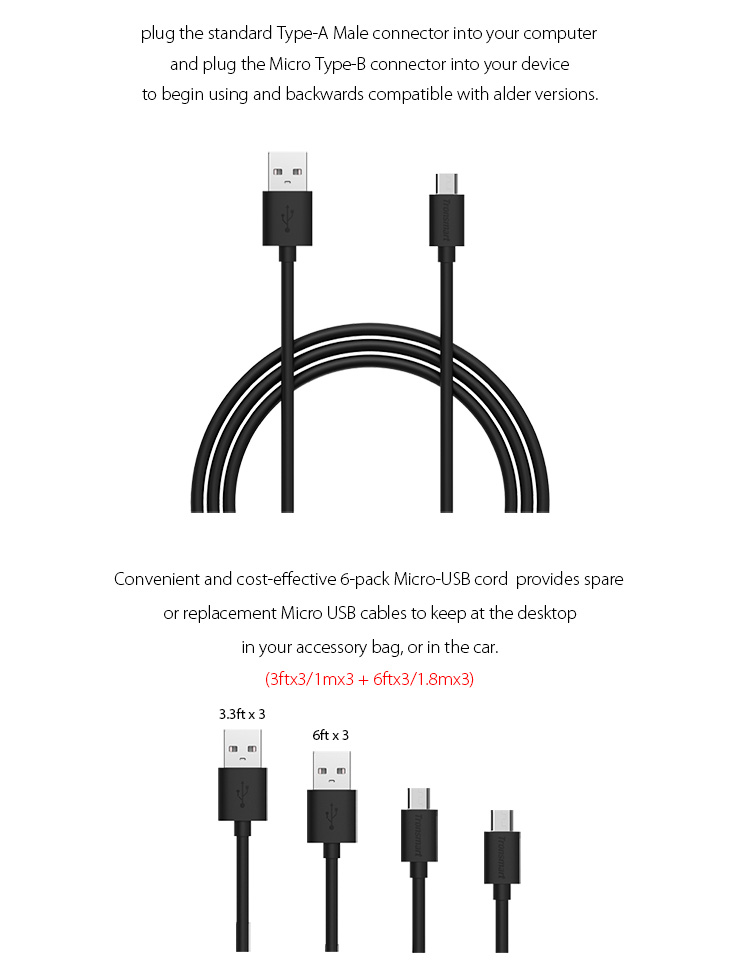 Tronsmart USB 2.0 Male to Micro USB Cable 6 Pack