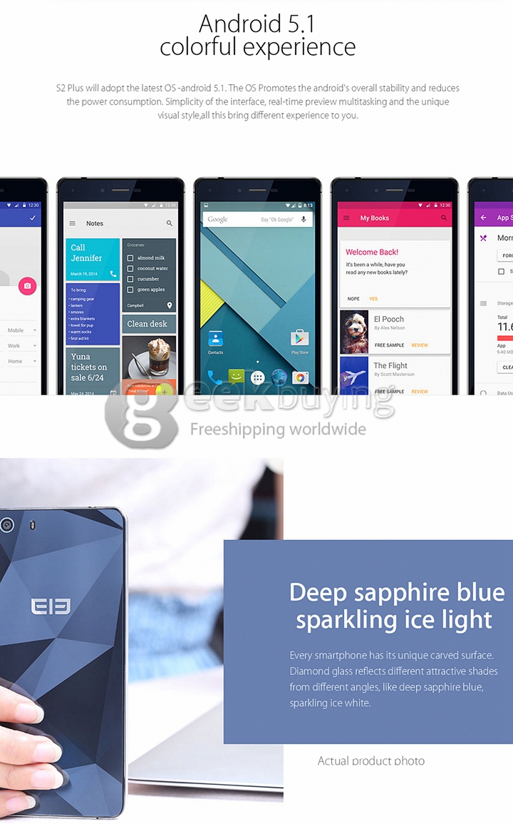 Elephone S2 Plus 5.5inch 4G FDD-LTE Android 5.1 Smartphone MTK6735 Quad Core 2GB 16GB 13.0MP Dual Side Glass Smart Wake Miracast - Dark Blue