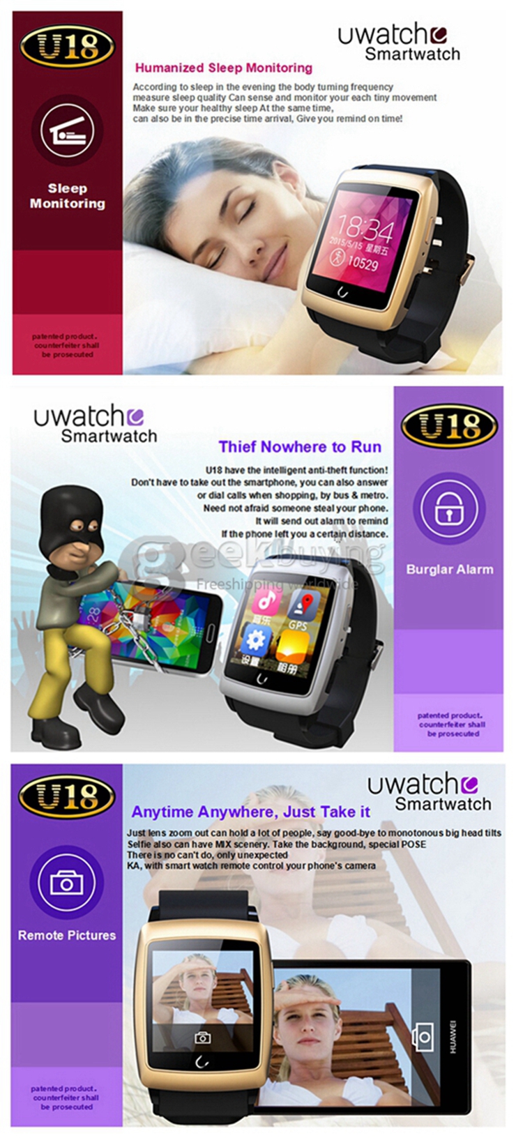 U18 Android 4.4.2 Smart Wifi Watch 4G ROM Dual Mode BT4.0 Sport Wrist Watch For Android - Gold