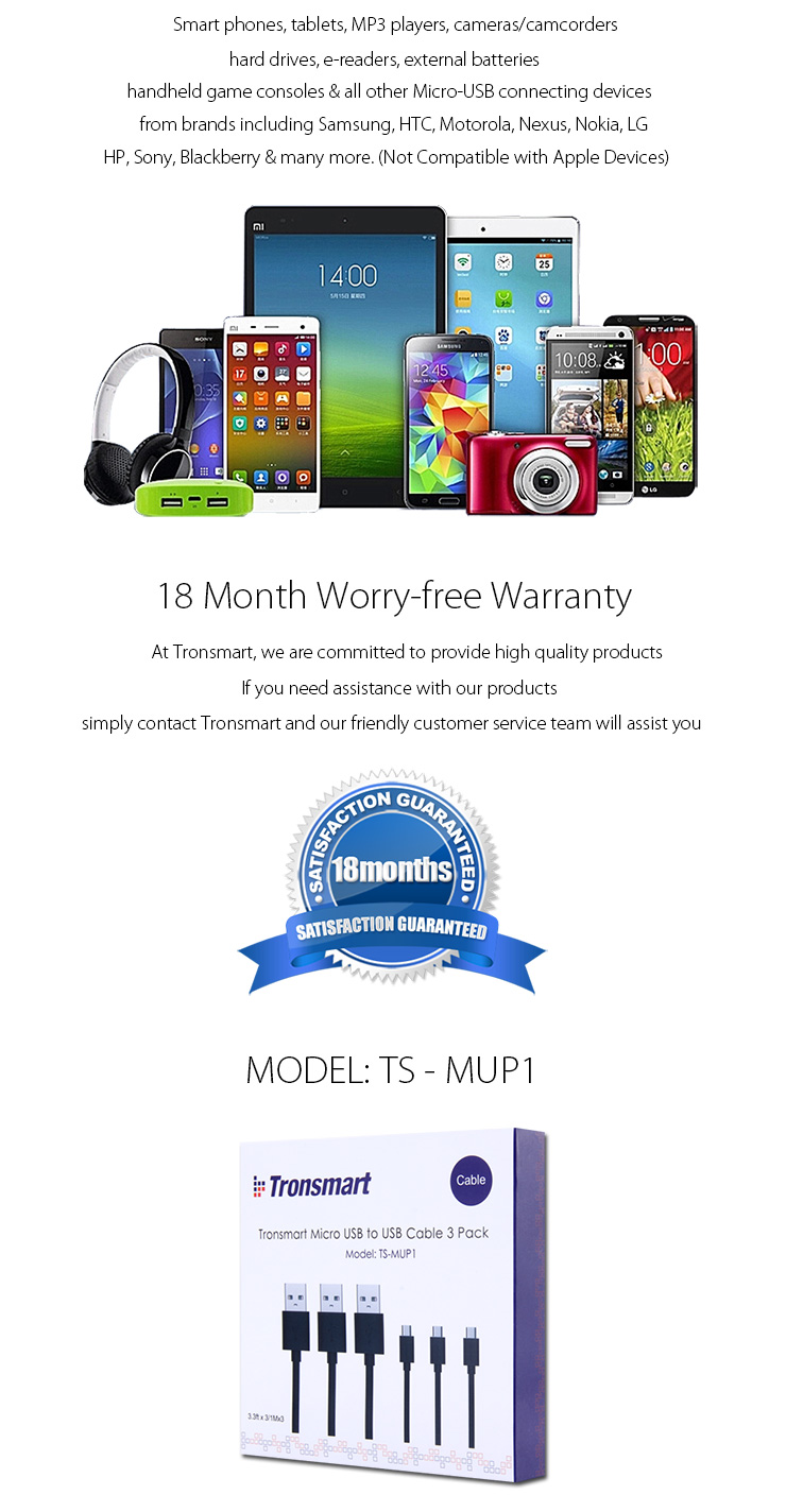 Tronsmart [3 Pack] 3ft*3 Micro USB Cables High Speed USB 2.0 Male to Micro USB Sync/Charging Cables