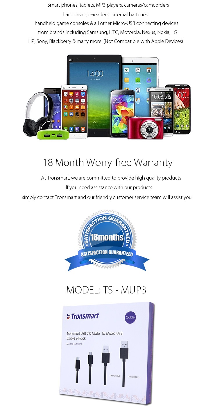 Tronsmart [6 Pack] 3ft*3 & 6ft*3 Micro USB Cables High Speed USB 2.0 Male to Micro USB Sync/Charging Cables