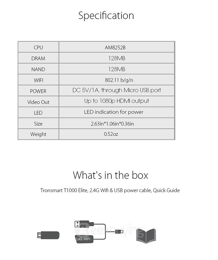 Tronsmart T1000 Elite Linux Wifi Display Dongle AM8252 HDMI 1080P 802.11 b/g/n for Miracast/DLNA/Airplay
