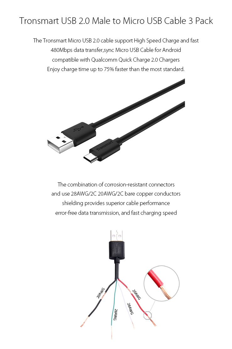 Tronsmart [3 Pack] 3ft*3 Micro USB Cables High Speed USB 2.0 Male to Micro USB Sync/Charging Cables
