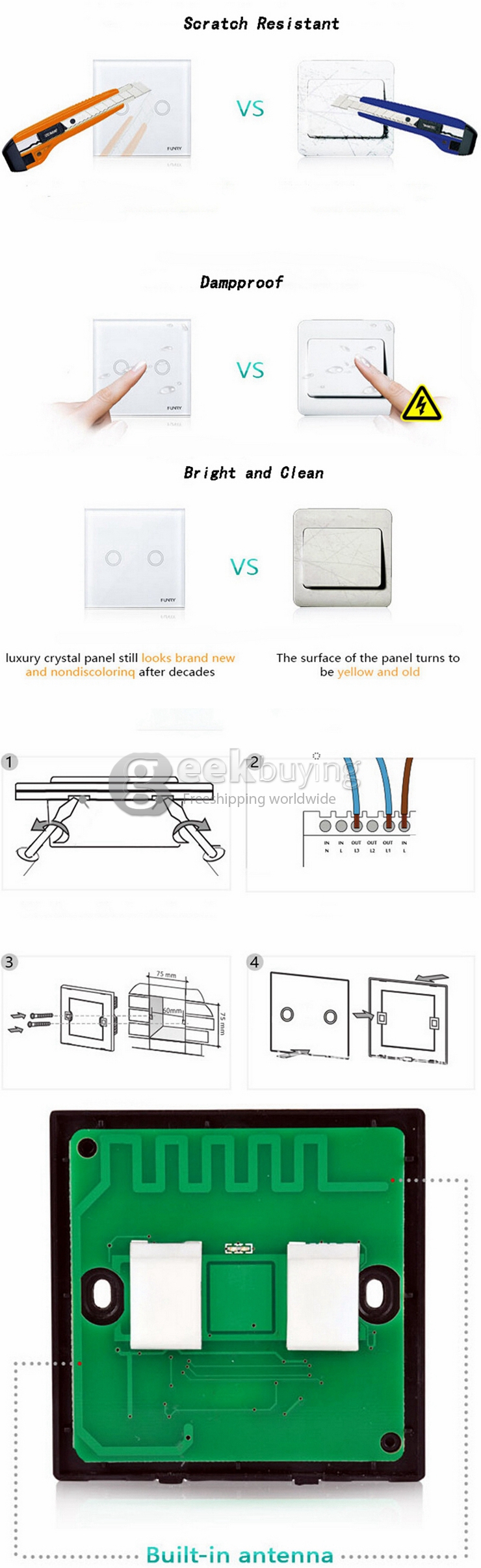 Funry Y8 Home Touch Switch Double Remote Control Intelligent Control Switch With Overload Protection - EU