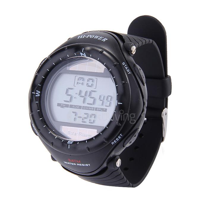 0405 Multi Functions Solar Power LED Digital Men Quartz Sport Wrist Watch - Black