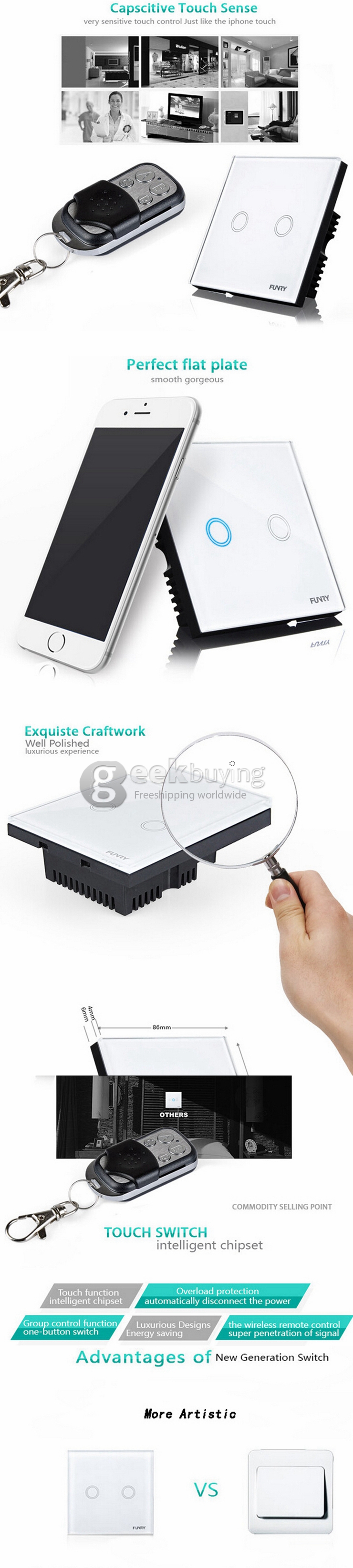 Funry Y2 Home Touch Switch Double Remote Control Intelligent Control Switch With Overload Protection - EU