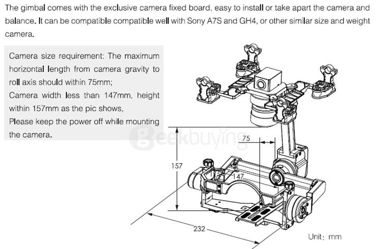 DYS Summer-Air 3 Axis FPV Brushless Gimbal Camera Mount with 32 Bit Controller for A7S GH4