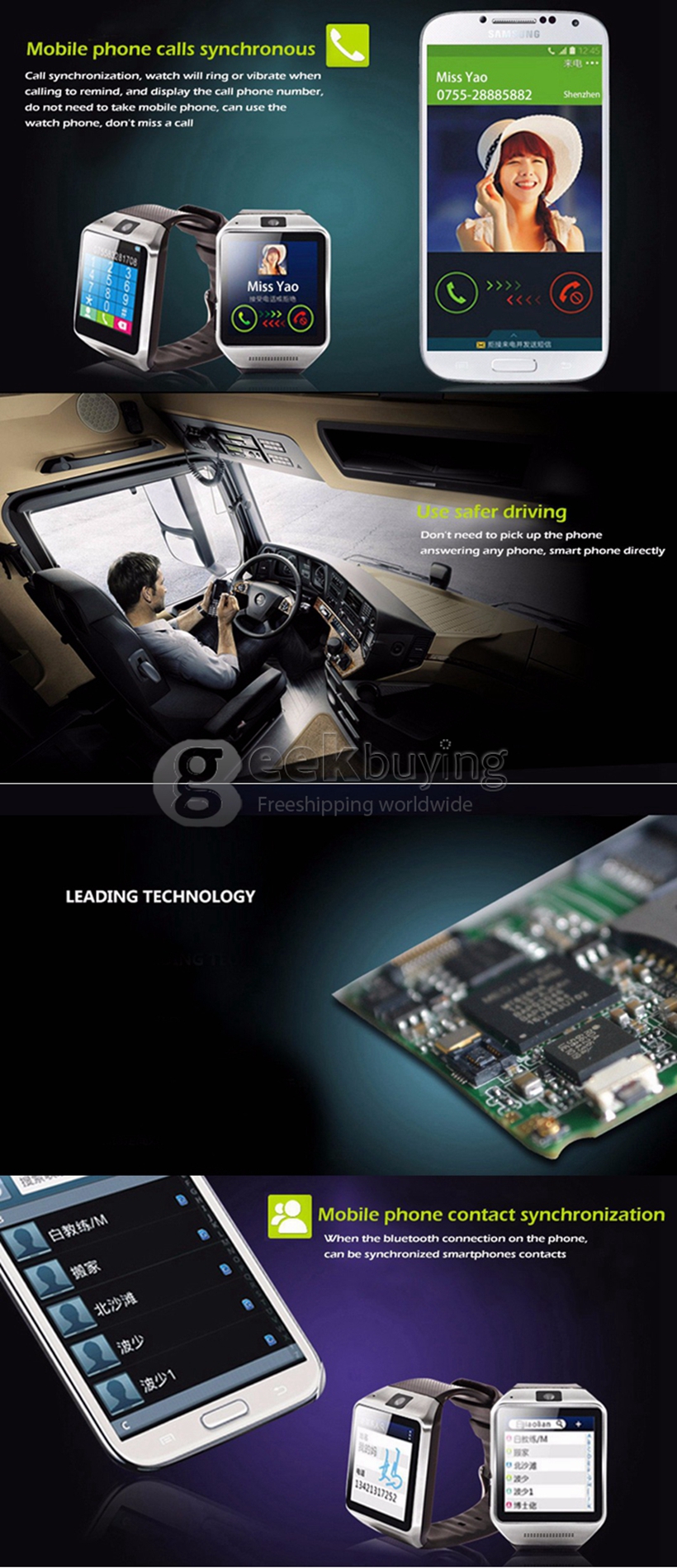 GV08 Sports Smart Watch Phone Wrist Watch With Touch Screen GSM SIM Slot Pedometer Sleep Monitor Sync Function Anti-lost - Black