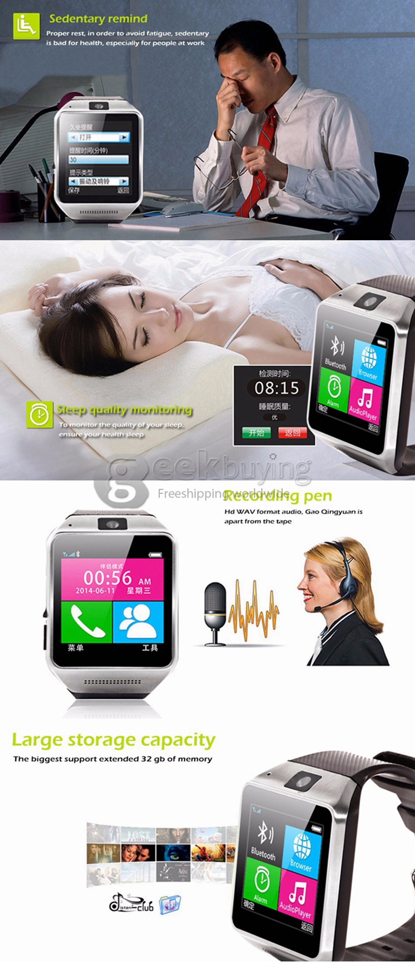 GV08 Sports Smart Watch Phone Wrist Watch With Touch Screen GSM SIM Slot Pedometer Sleep Monitor Sync Function Anti-lost - Black