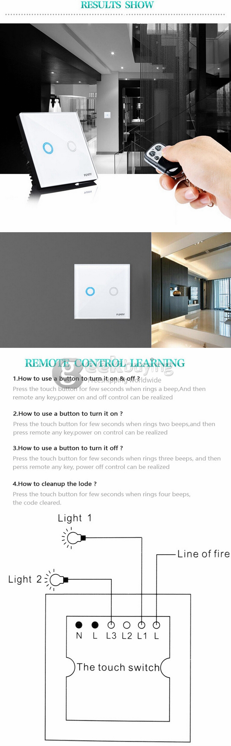 Funry Y8 Home Touch Switch Double Remote Control Intelligent Control Switch With Overload Protection - EU