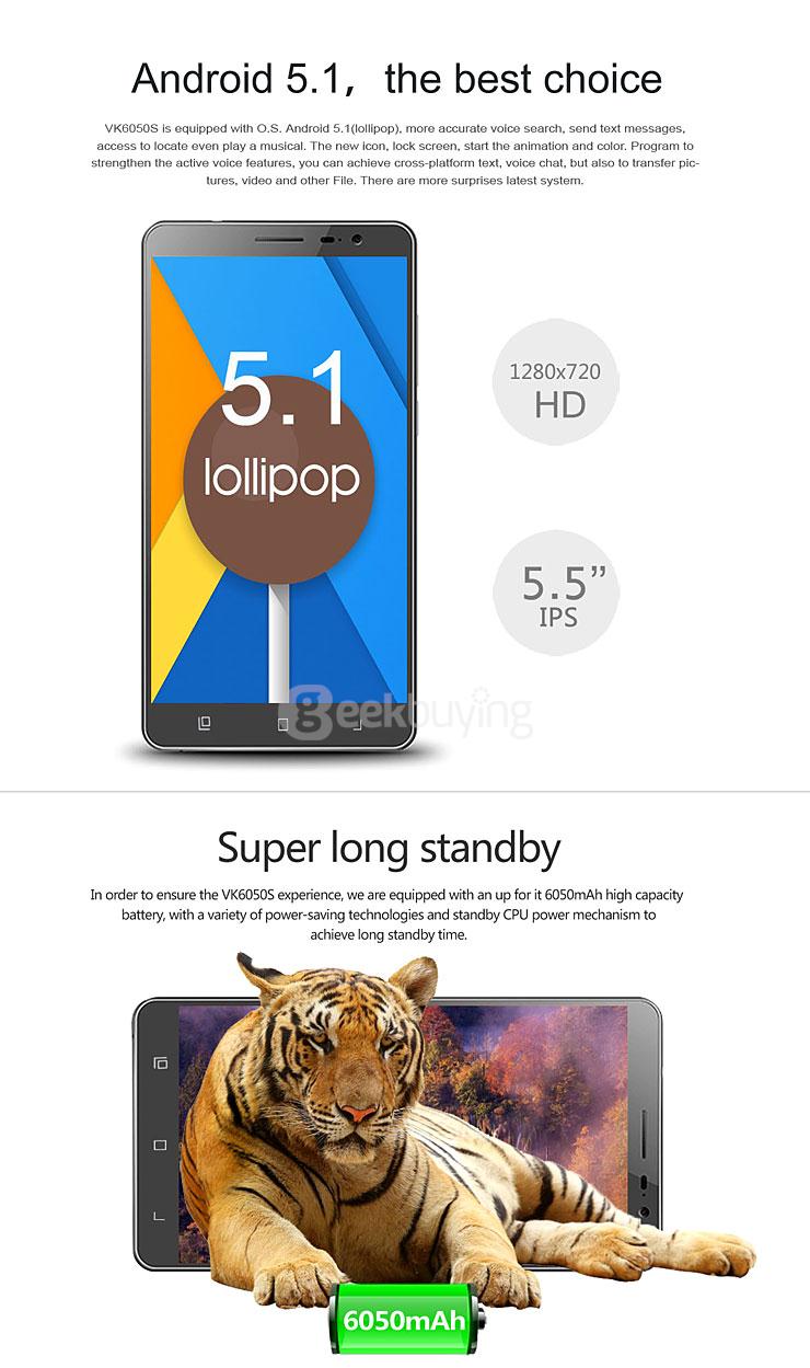 VKWORLD VK6050S 5.5inch 4G LTE Android 5.1 2GB 16GB Smartphone 6050mAh Battery 64bit MT6735 Quad Core Hotknot - Black