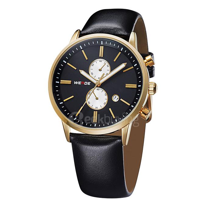 WEIDE WH3302 Men Sports Quartz Watch Leather Strap Time And Date Display - Gold + Black