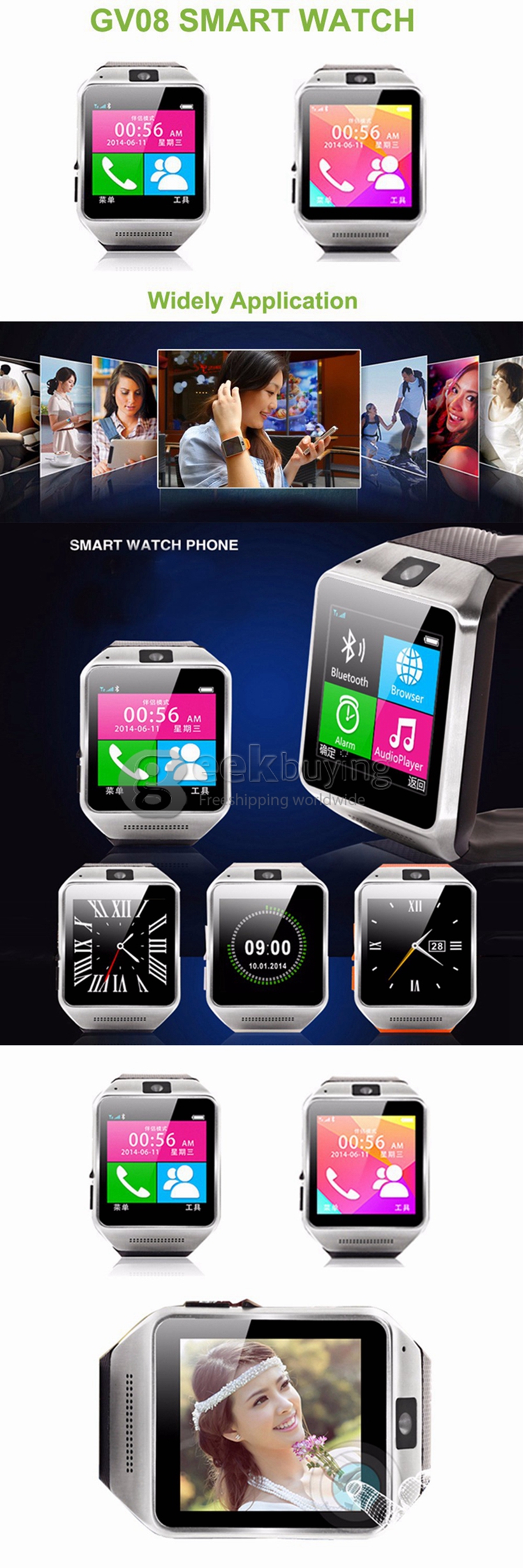 GV08 Sports Smart Watch Phone Wrist Watch With Touch Screen GSM SIM Slot Pedometer Sleep Monitor Sync Function Anti-lost - Black