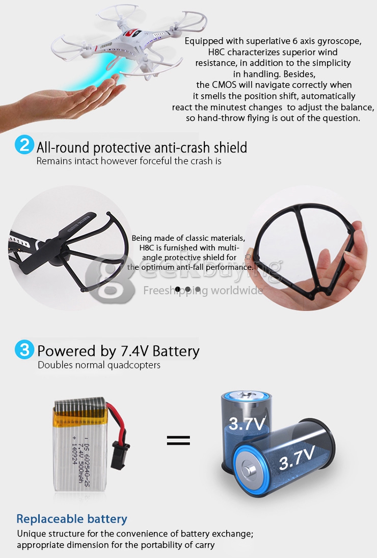 New Version Upgraded JJRC H8C 2.4G 4CH 6-Aixs Altitude Hold Mode With 2MP HD Camera RC Quadcopter RTF - White