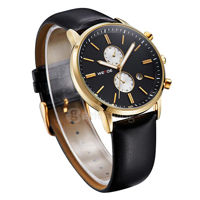 WEIDE WH3302 Men Sports Quartz Watch Leather Strap Time And Date Display - Gold + Black