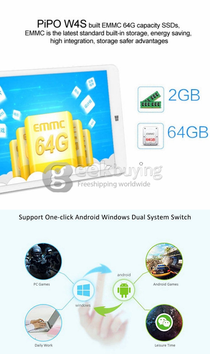 [HK Stock] PIPO W4S Dual OS 8 Inch 2GB/64GB Windows8.1 & Android4.4 Tablet PC Intel Z3735F Quad Core 1.83GHz 1280*800 HDMI Bluetooth WiFi - Black