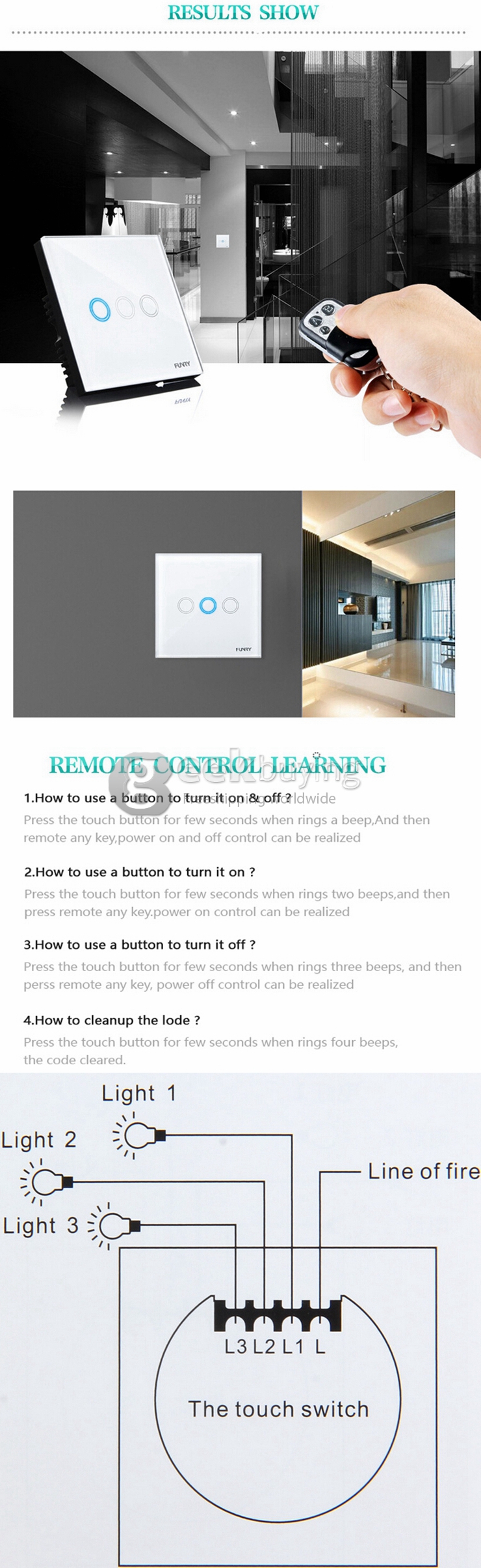 Funry Y2 Home Touch Remote Switch Triple Remote Control Intelligent Control Switch With Overload Protection - Black