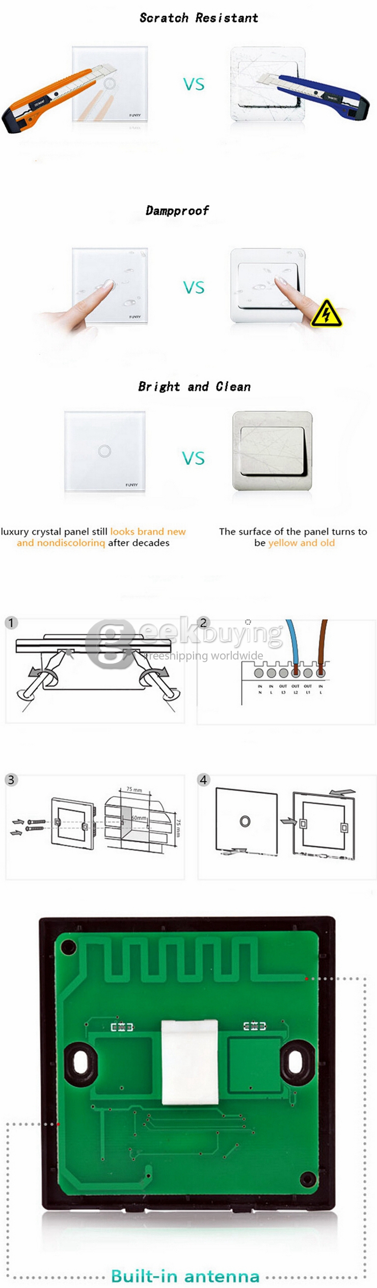 Funry Y8 Home Touch Switch Single Remote Control 1 Way Intelligent Control Switch With Overload Protection - EU