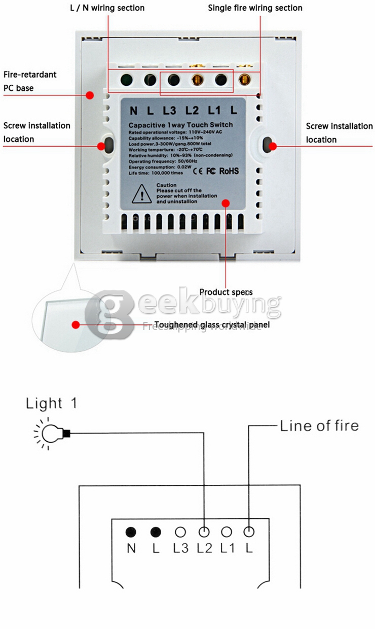 Funry Y8 Home Touch Switch Single Touch Control 1 Way Intelligent Control Switch With Overload Protection - EU