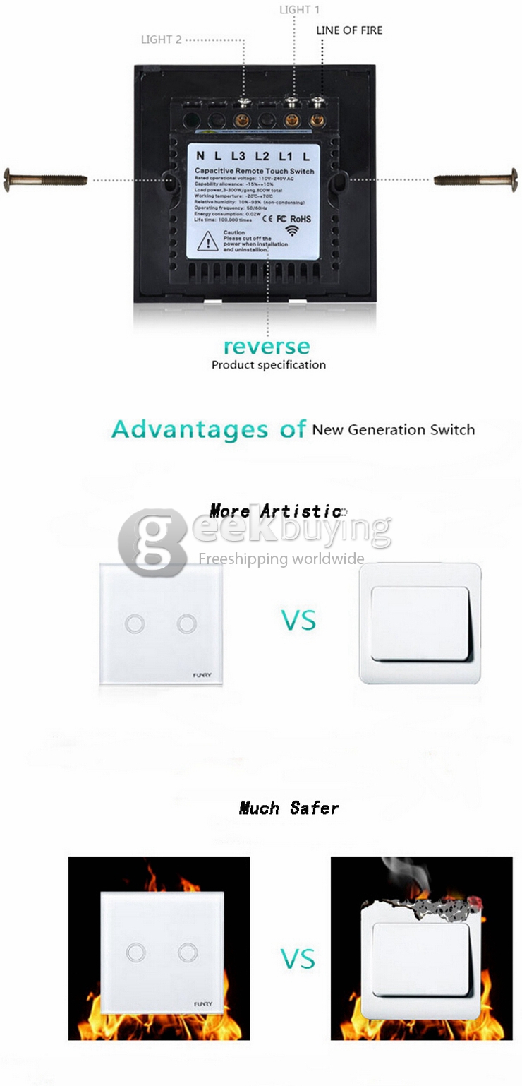 Funry Y8 Home Touch Switch Double Remote Control Intelligent Control Switch With Overload Protection - EU