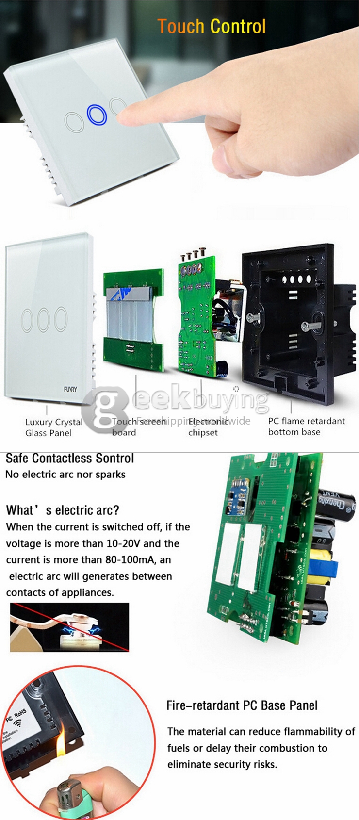 Funry Y8 Home Touch Switch Triple Touch Control 1 Way Intelligent Control Switch With Overload Protection - EU