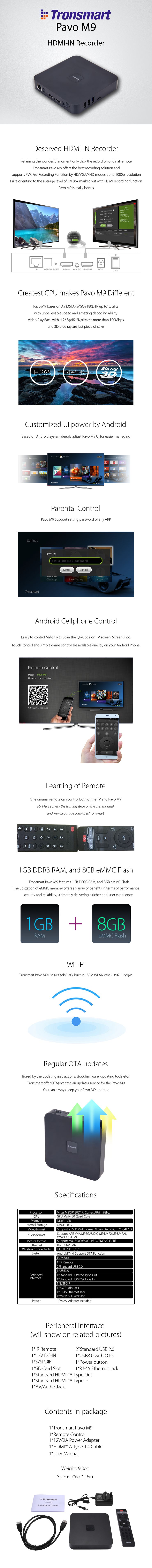 Tronsmart Pavo M9 4K TV BOX HDMI in Recorder Android 4.4.2 Mstar MSO9180D1R 1GB/8G 802.11 b/g/n LAN H.265 USB3.0 HDMI