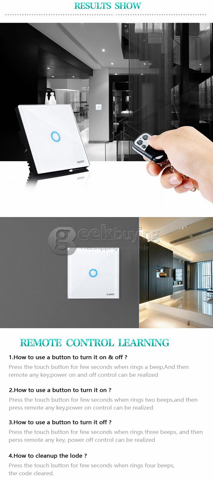 Funry Y8 Home Touch Switch Single Remote Control 1 Way Intelligent Control Switch With Overload Protection - EU