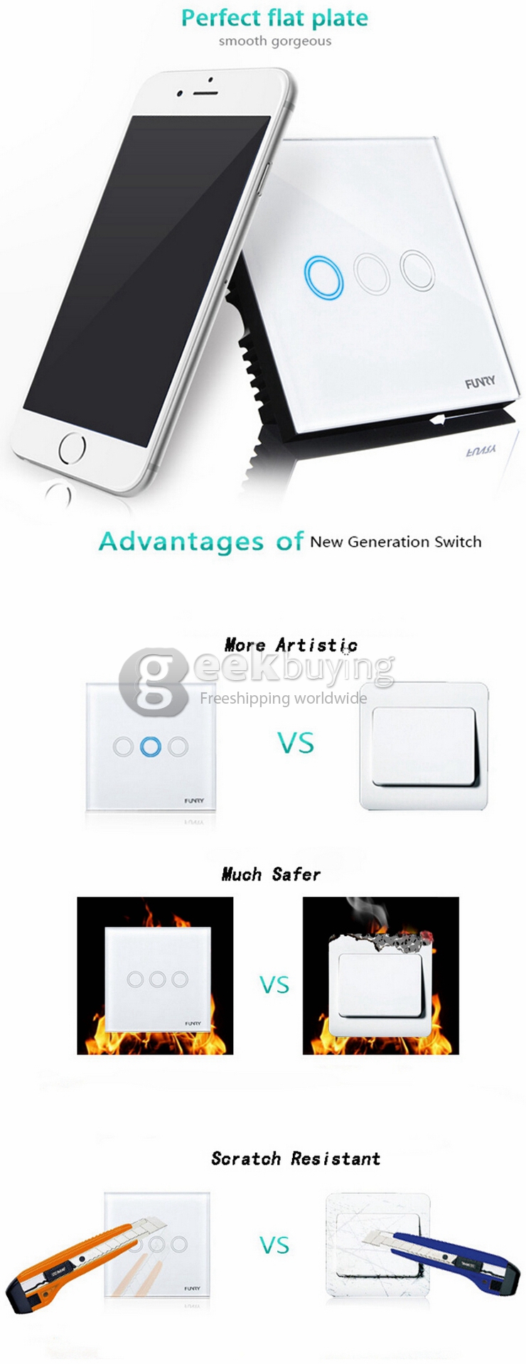 Funry Y2 Home Touch Switch Triple Touch Control 1 Way Intelligent Control Switch With Overload Protection - EU